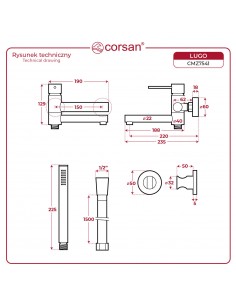 Bateria wannowa ścienna Corsan Lugo CMZ7541GL z zestawem natryskowym Złoto 2