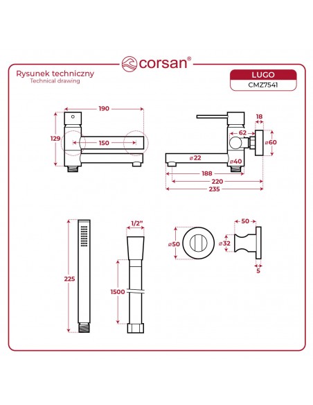 Bateria wannowa ścienna Corsan Lugo CMZ7541GL z zestawem natryskowym Złoto