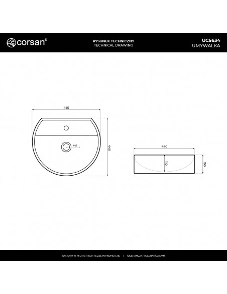 Umywalka nablatowa LUGO UC5634 okrągła 485x435x155 mm