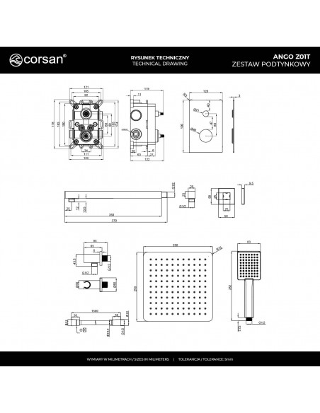 Zestaw prysznicowy ANGO Z01TGM 2-funkcyjny z deszczownicą 25cm