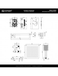 Zestaw prysznicowy ANGO Z01MGM gunmetal z deszczownicą 25 cm, baterią podtynkową i prysznicem 2