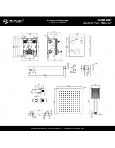 Zestaw prysznicowy podtynkowy ANGO Z02TGM Deszczownica 25cm Termostat Słuchawka prysznicowa Gunmetal 2