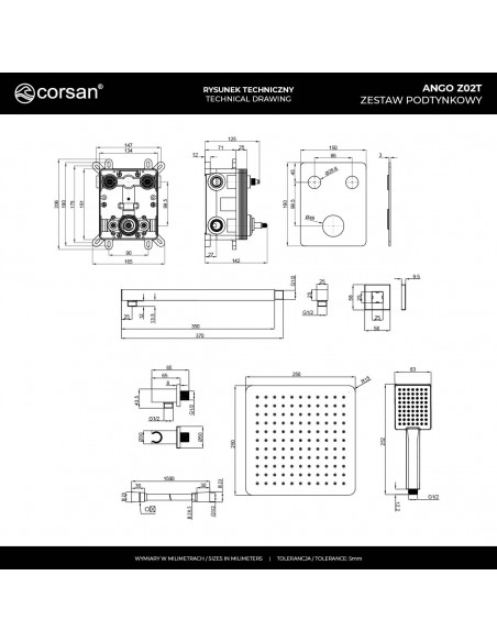 Zestaw prysznicowy podtynkowy ANGO Z02TCH Deszczownica 25cm Termostat Słuchawka prysznicowa Chrom