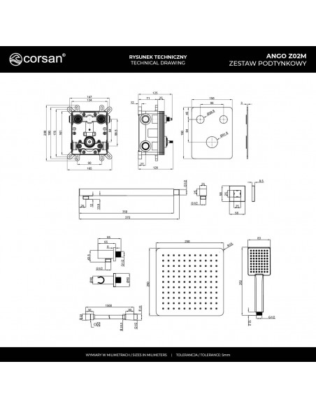 Zestaw prysznicowy podtynkowy ANGO Z02MBL Deszczownica 25cm Mieszacz Słuchawka prysznicowa Czarny
