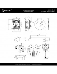 Zestaw prysznicowy LUGO Z04MBGL Deszczownica 25cm Mieszacz Słuchawka prysznicowa Złoto szczotkowane 2