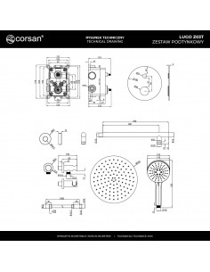 Zestaw prysznicowy podtynkowy LUGO Z03TBGL Deszczownica 25cm Termostat Słuchawka prysznicowa Złoto szczotkowane 2