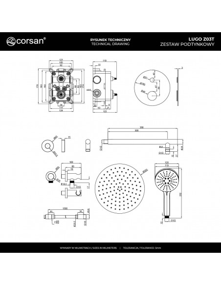 Zestaw prysznicowy podtynkowy LUGO Z03TBGL Deszczownica 25cm Termostat Słuchawka prysznicowa Złoto szczotkowane