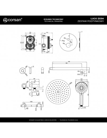 Zestaw prysznicowy podtynkowy LUGO Z03MBGL Deszczownica 25cm Mieszacz Słuchawka prysznicowa Złoto szczotkowane