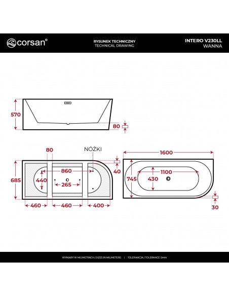 Wanna narożna INTERO V230LLBL 160 cm Montaż lewostronny Przelew szczelinowy Korek klik klak Czarny