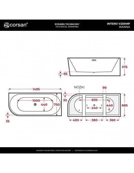 Wanna narożna INTERO V230MPCH 150 cm Montaż prawostronny Przelew szczelinowy Korek klik klak Chrom