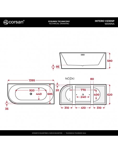 Wanna narożna INTERO V230SPWH 140 cm Montaż prawostronny Przelew szczelinowy Korek klik klak Biały
