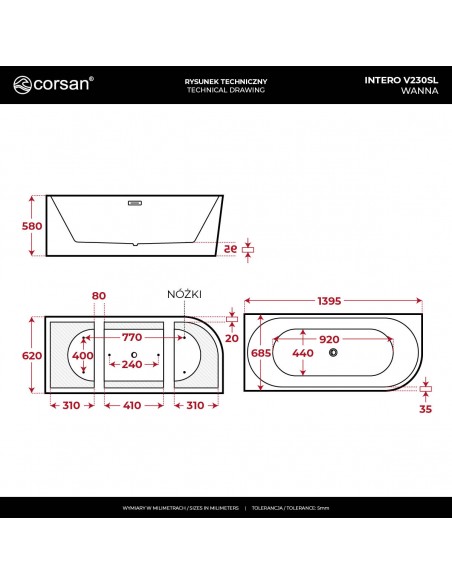 Wanna narożna INTERO V230SLBL 140 cm Montaż lewostronny Przelew szczelinowy Korek klik klak Czarny