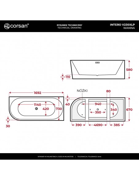 Wanna narożna INTERO V230LPBL 160 cm Montaż prawostronny Przelew szczelinowy Korek klik klak Czarny