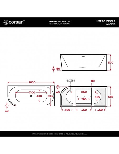 Wanna narożna INTERO V230LPCH 160 cm Montaż prawostronny Przelew szczelinowy Korek klik klak Chrom
