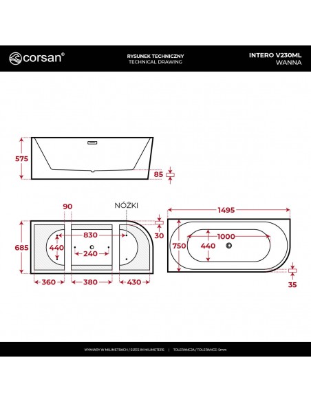 Wanna narożna INTERO V230MLGL 150 cm Montaż lewostronny Przelew szczelinowy Korek klik klak Złoty