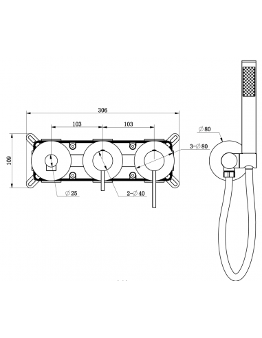 Bateria wannowa ścienna LUGO CMB7554GM z zestawem natryskowym Gunmetal