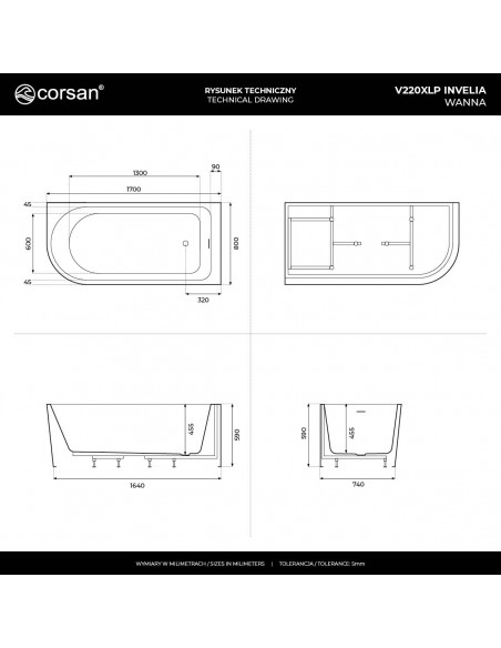Wanna narożna INVELIA V220XLPBGL 170x80 cm Montaż prawostronny Korek klik klak Złoto szczotkowane