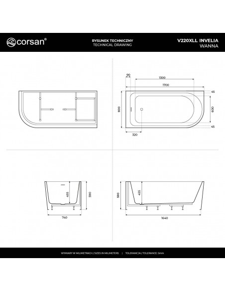 Wanna narożna INVELIA V220XLLBGL 170x80 cm Montaż lewostronny Korek klik klak Złoto szczotkowane