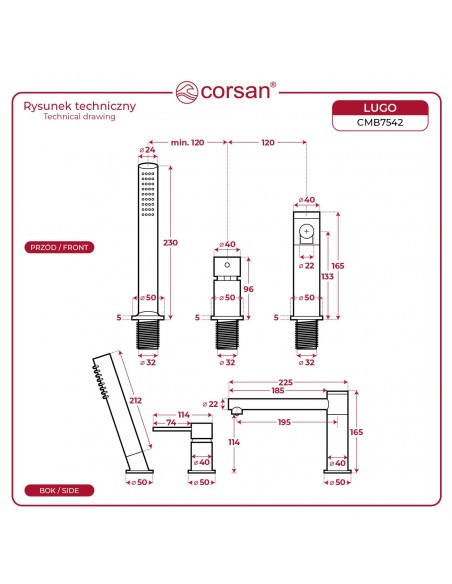 Bateria wannowa 3 otworowa LUGO CMB7542BSL z wylewką i słuchawką prysznicową Stal szczotkowana