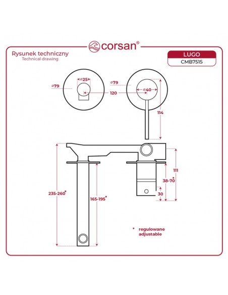 Bateria umywalkowa podtynkowa LUGO CMB7515BSL z wylewką Szczotkowana Stal