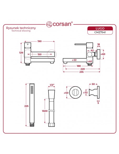 Bateria wannowa ścienna LUGO CMZ7541BSL z zestawem natryskowym Stal szczotkowana