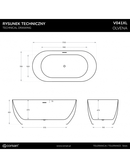 Wanna Wolnostojąca OLVENA V041XLBRG 170 Cm Korek Klik Klak Miedź Szczotkowana