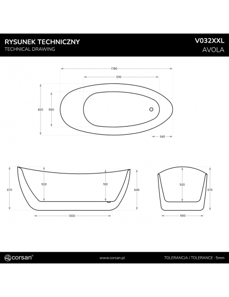 Wanna Wolnostojąca AVOLA V032XXLWH 180 Cm Korek Klik Klak Biały