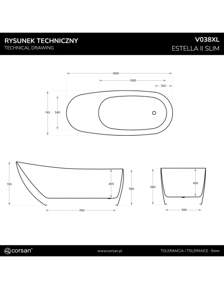 Wanna wolnostojąca ESTELLA II SLIM V038XLWH 170 cm Korek klik klak Biały