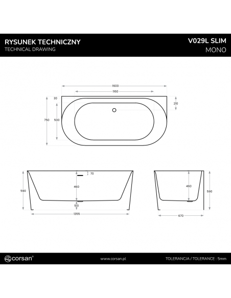 Wanna przyścienna MONO V029LSGL Slim 160 cm Przelew szczelinowy Korek klik klak Złoty
