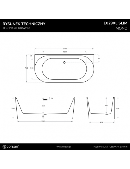 Wanna Przyścienna MONO E029XLSWH Slim 170 Cm Korek Klik Klak Biały