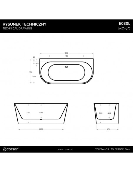 Wanna przyścienna wolnostojąca Corsan MONO E030LCH 160 cm z szeroką krawędzią Korek klik-klak Chrom