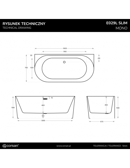 Wanna Przyścienna MONO E029LSRG Slim 160 Cm Korek Klik Klak Różowe Złoto