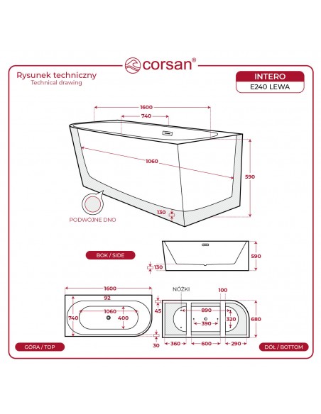 Wanna wolnostojąca narożna Corsan INTERO 160 x 74 z szeroką krawędzią Montaż lewostronny Korek klik-klak Biały