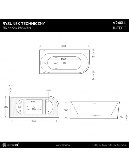 Wanna narożna INTERO V240LLGM 160 cm Montaż lewostronny Przelew szczelinowy Korek klik klak GunMetal