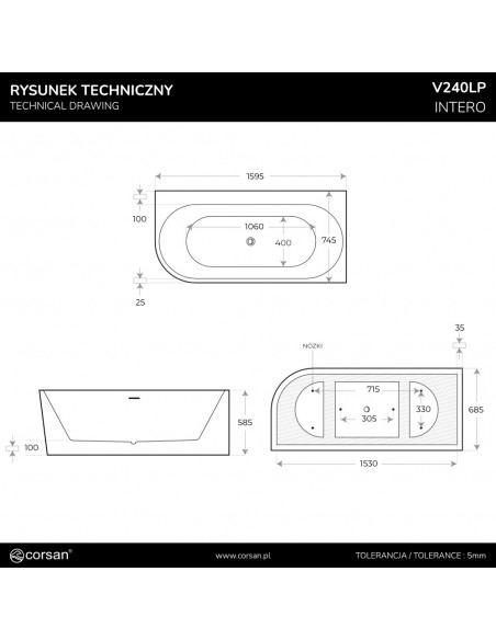 Wanna narożna INTERO V240LPCH 160 cm Montaż prawostronny Przelew szczelinowy Korek klik klak Chrom