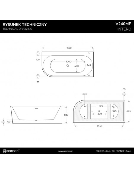 Wanna narożna INTERO V240MPCH 150 cm Montaż prawostronny Przelew szczelinowy Korek klik klak Chrom